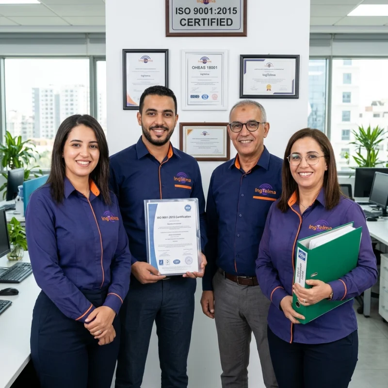 Flash_Professional corporate photography, confident team of Moroccan engineers holding ISO 909168